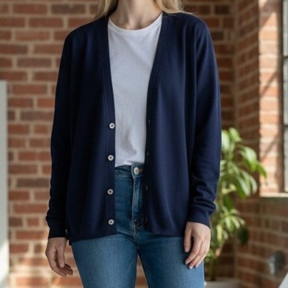 Talbots Cardigan (Lp) Navy Blue Excellent 100% Cotton V-Neck Button Front Petite